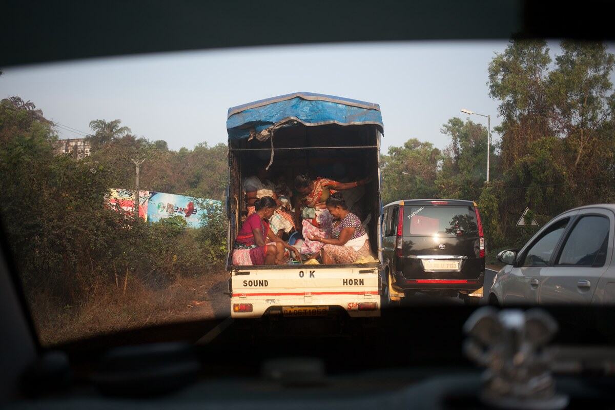 Women prepare fish in the back of a vehicle at a Goa fish market. print option