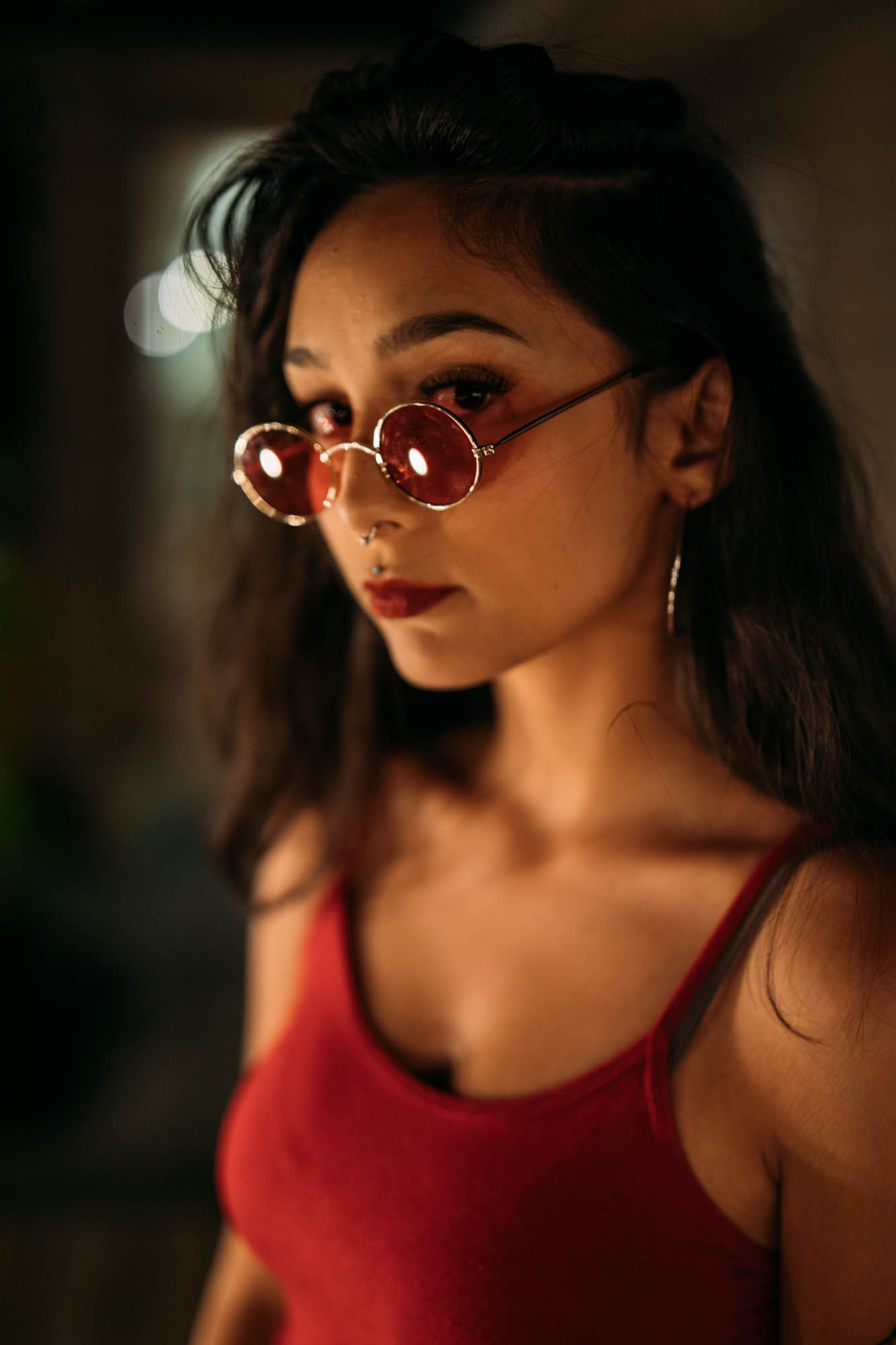 Angelica in Warm Shadow story frame 1: Warm shadow, red sunglasses, deck light and close portraits from an earlier session.