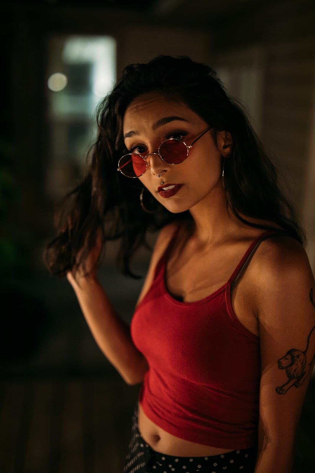 Angelica in Warm Shadow story frame 6: Warm shadow, red sunglasses, deck light and close portraits from an earlier session.