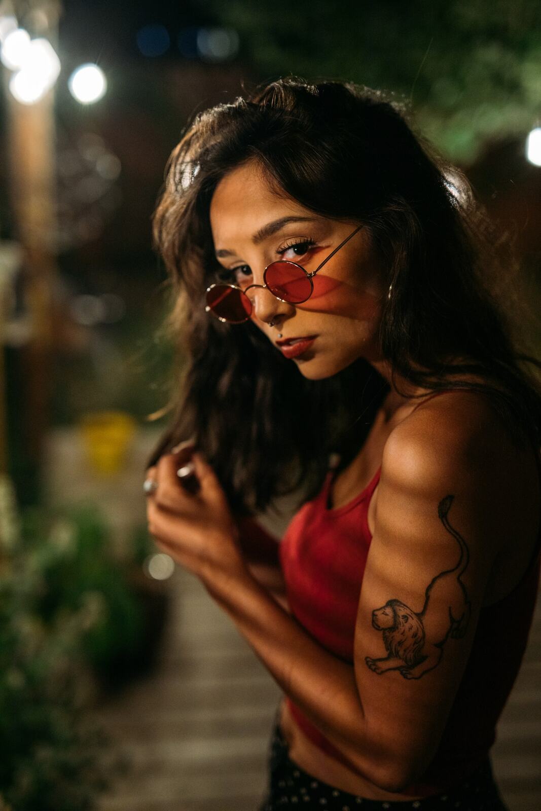 Angelica in Warm Shadow story frame 7: Warm shadow, red sunglasses, deck light and close portraits from an earlier session.