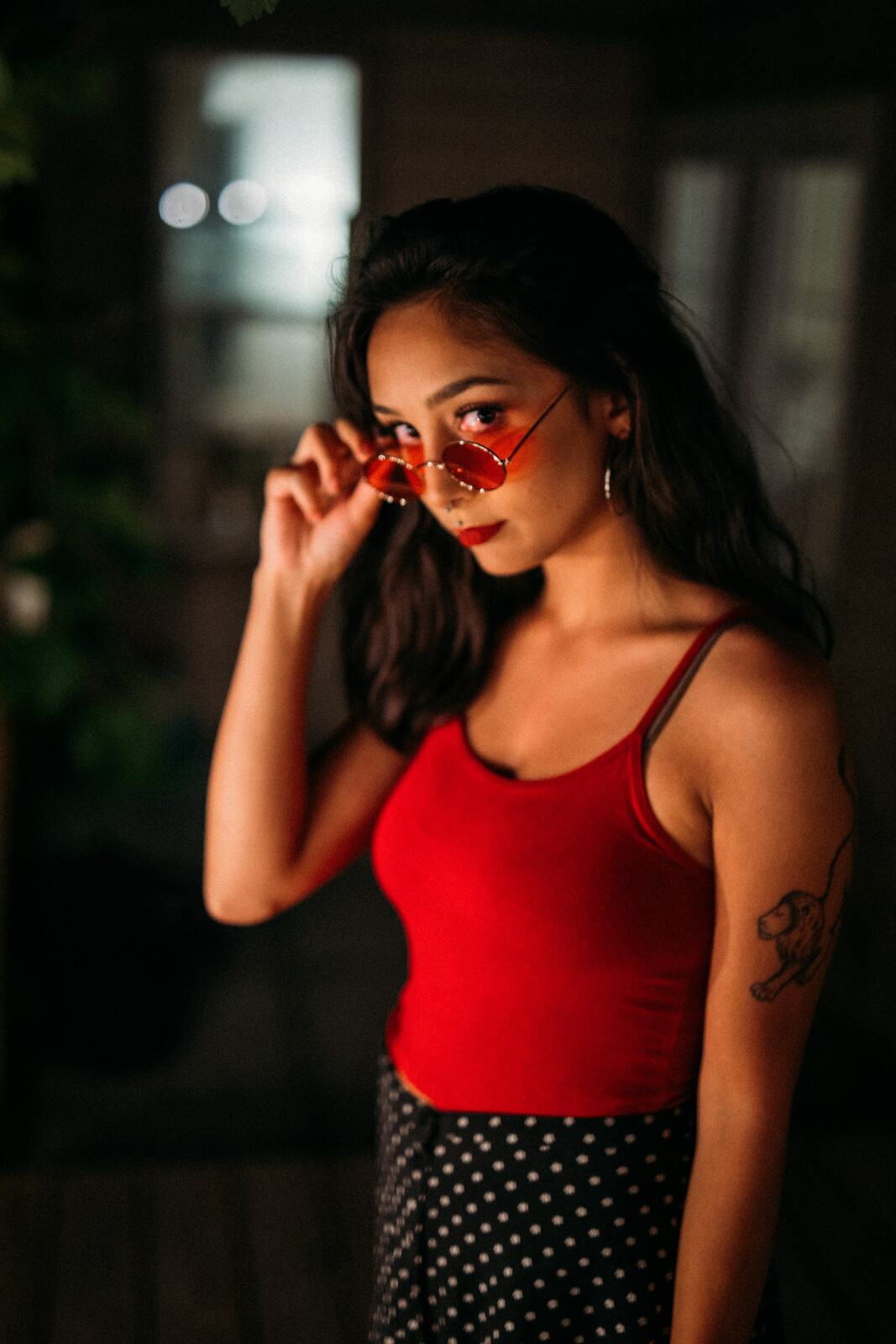 Angelica in Warm Shadow story frame 13: Warm shadow, red sunglasses, deck light and close portraits from an earlier session.