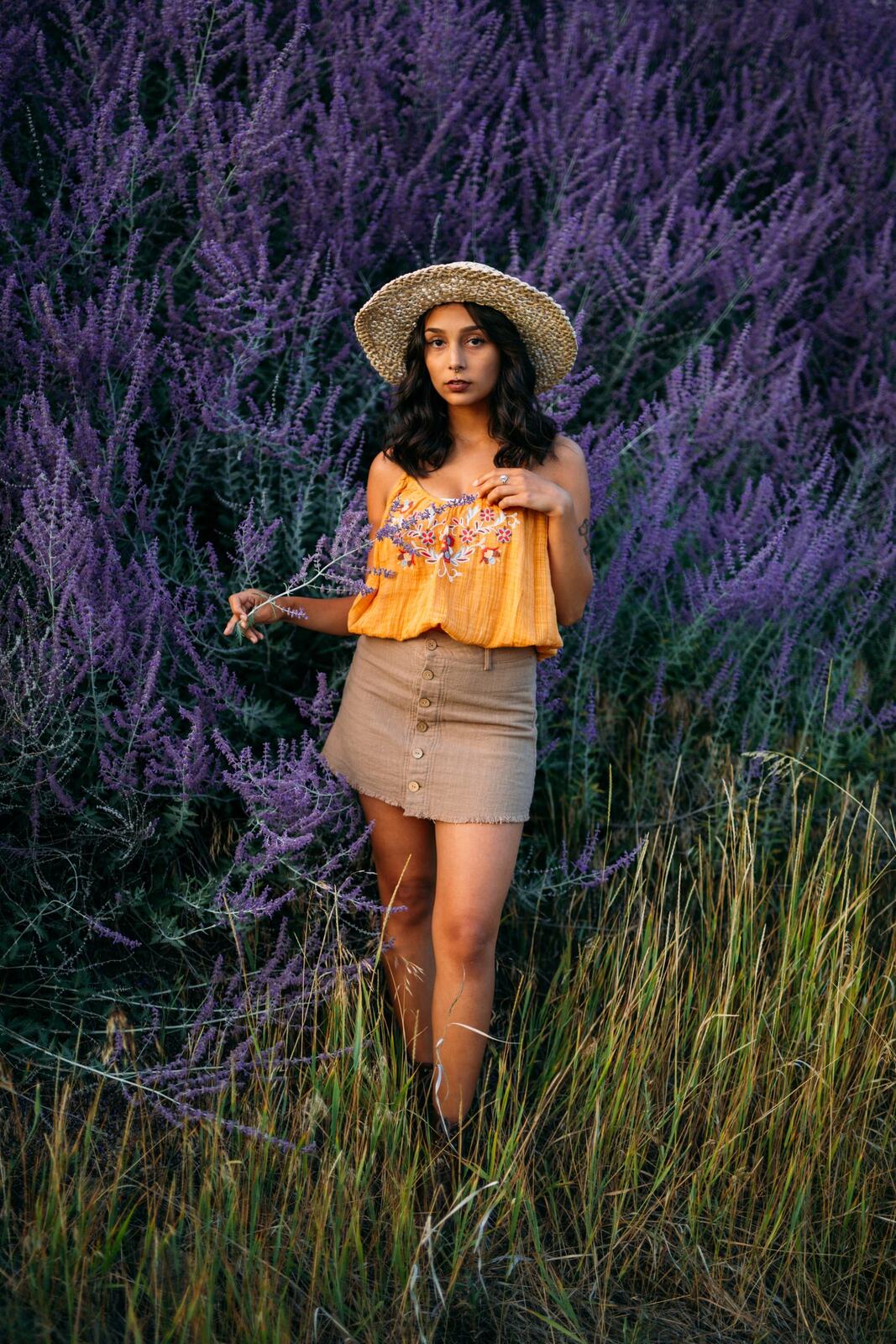 Angelica in Garden Light story frame 4: An earlier portrait story with garden colour, mirror play, straw-hat frames and window light.