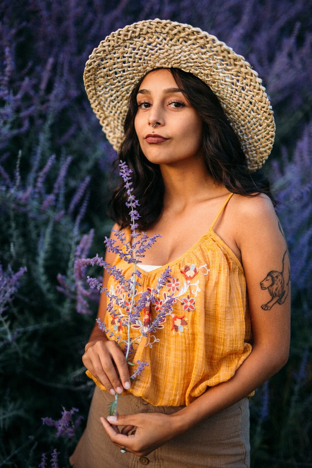 Angelica in Garden Light story frame 12: An earlier portrait story with garden colour, mirror play, straw-hat frames and window light.