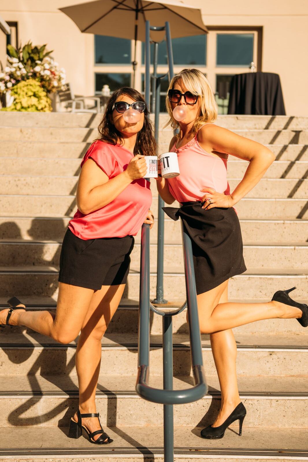 Let's Not Sugarcoat It, Fall corporate story frame 5: A brighter business-portrait set for Let's Not Sugarcoat It: balloons, pink dress, sunglasses, cups and a public voice with more charge..