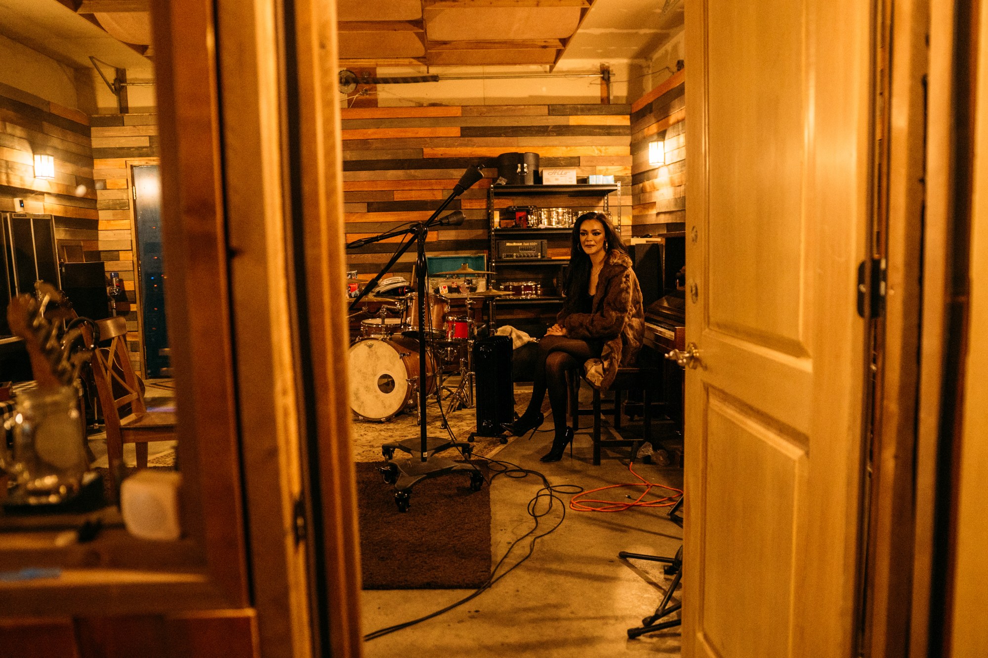 Music Studio Portraits: Wide view through the studio doorway.