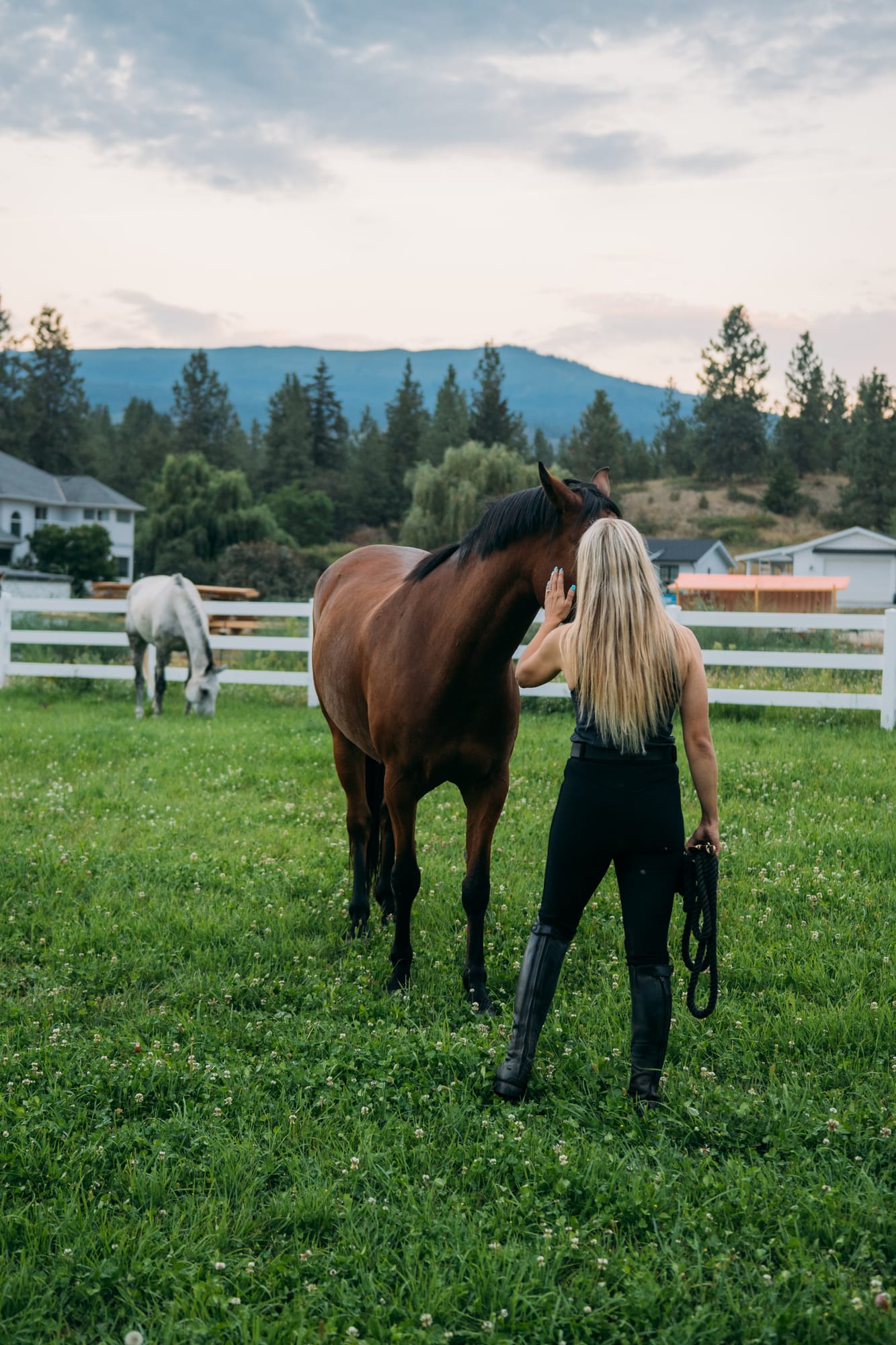 Ashton at the Ranch portraits story frame 13: Ranch portraits for Ashton in Kelowna, with horses, open pasture, quiet country styling and Okanagan light shaped into a grounded portrait story.