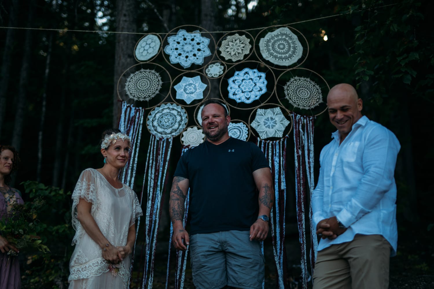 Carmel and Chris weddings story frame 18: A Sicamous and Shuswap Lake houseboat wedding that moved from water to beach, with friend-community overlap and a relaxed lakeside feeling..