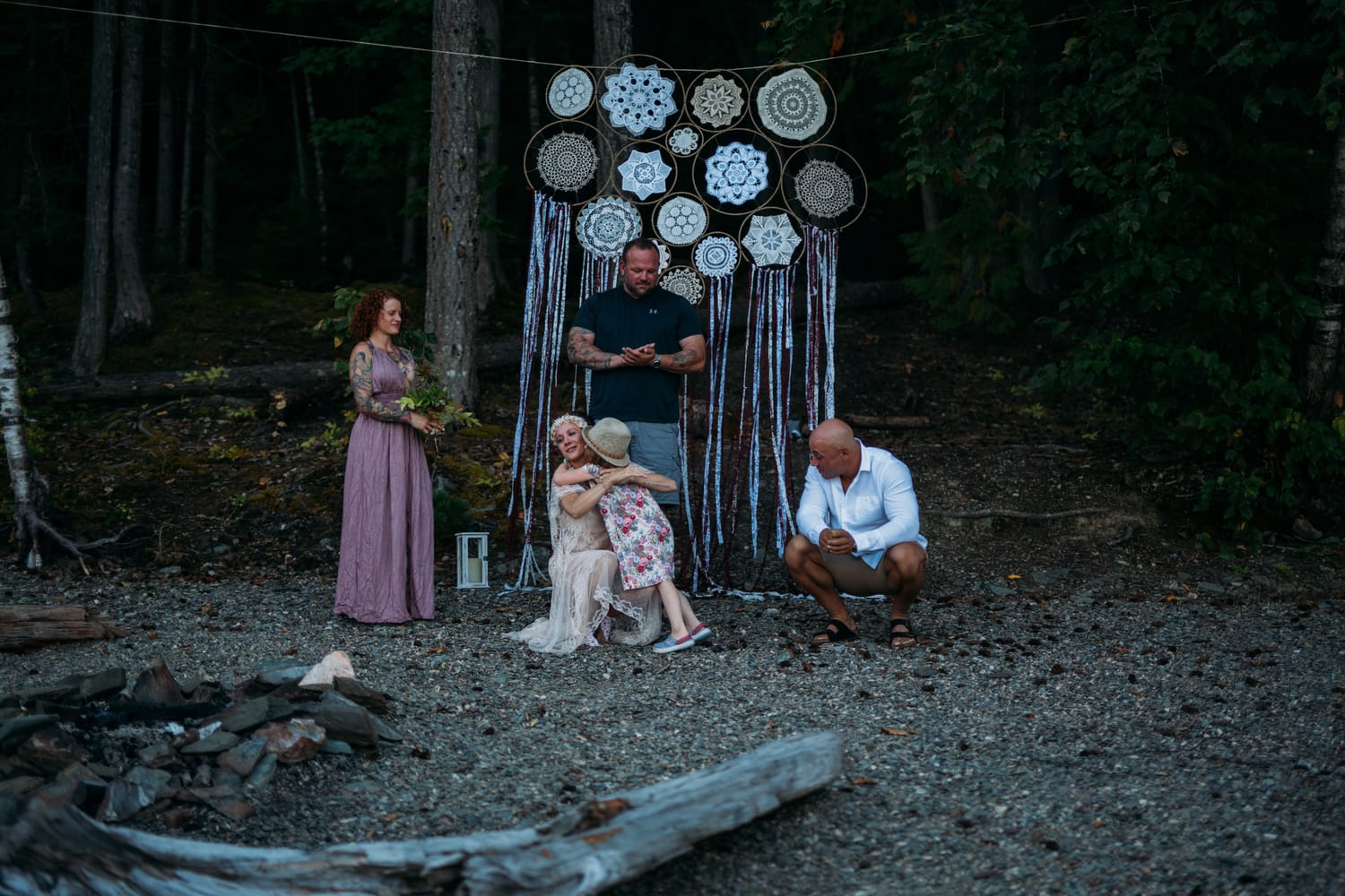 Carmel and Chris weddings story frame 19: A Sicamous and Shuswap Lake houseboat wedding that moved from water to beach, with friend-community overlap and a relaxed lakeside feeling..