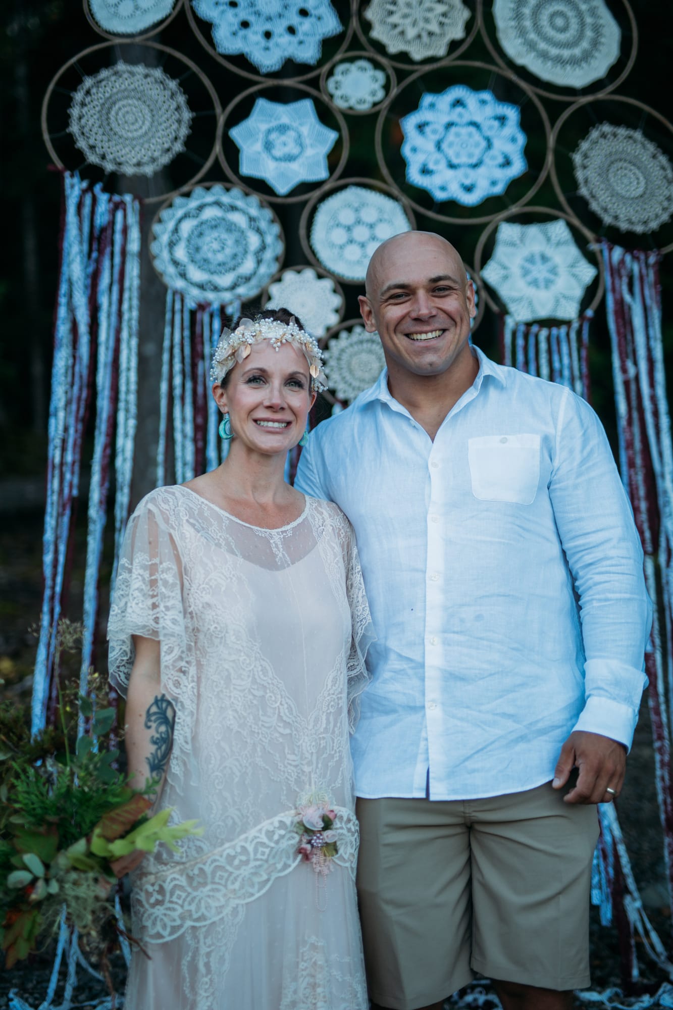Carmel and Chris weddings story frame 23: A Sicamous and Shuswap Lake houseboat wedding that moved from water to beach, with friend-community overlap and a relaxed lakeside feeling..