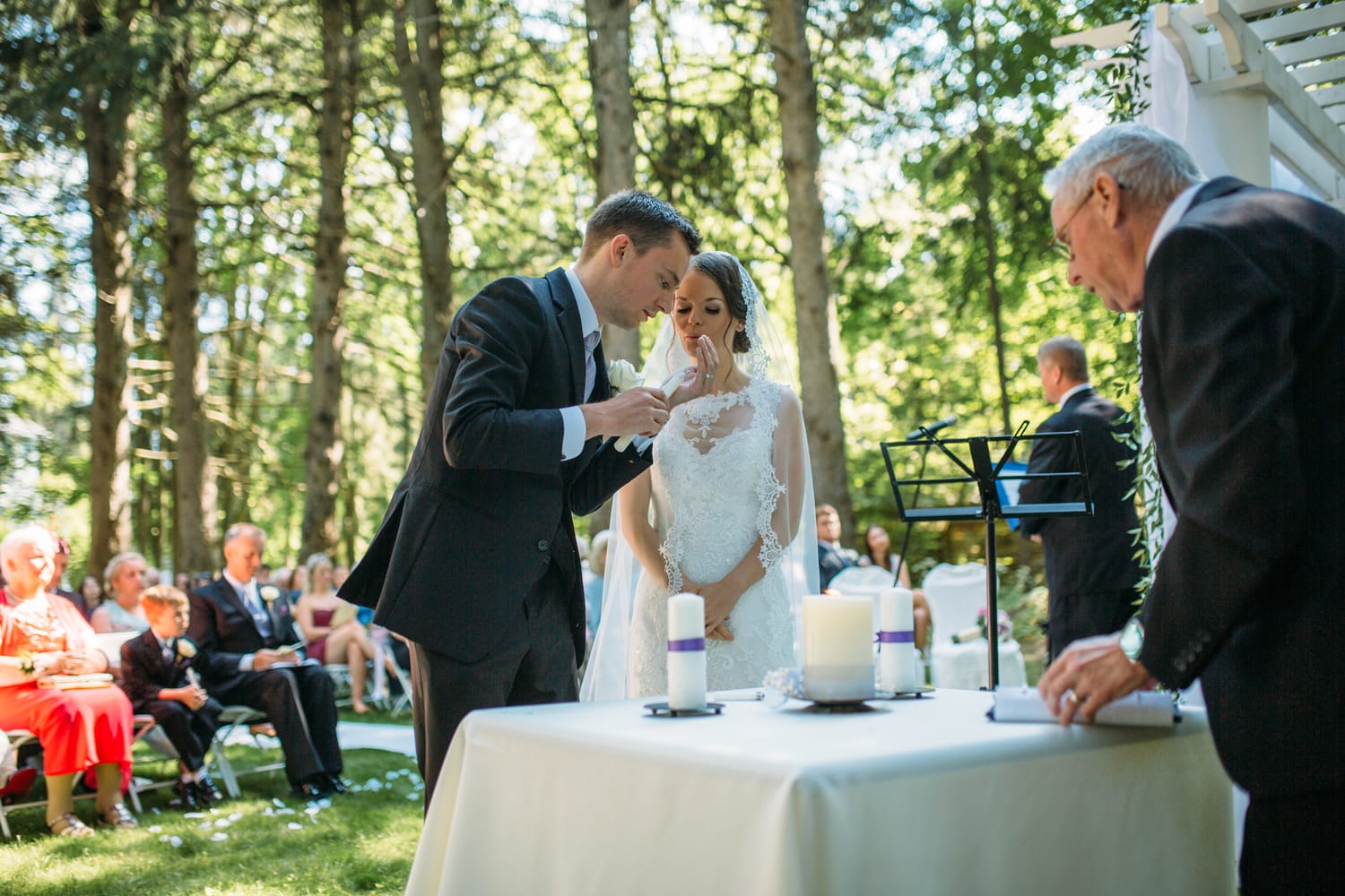 Ciara and Mikie weddings story frame 17: An Ontario wedding near Peterborough, with archive clues pointing to Trent University or Elmhirst Resort and a full reception-to-after-party story..