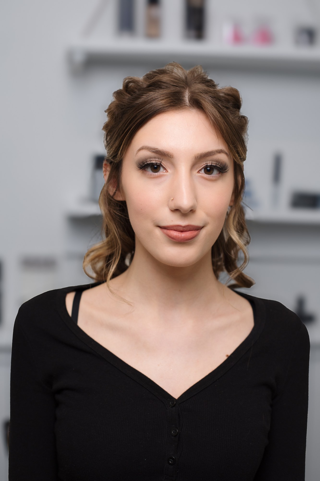 Bridal Beauty at Diva Den: Finished face and half-up hairstyle.