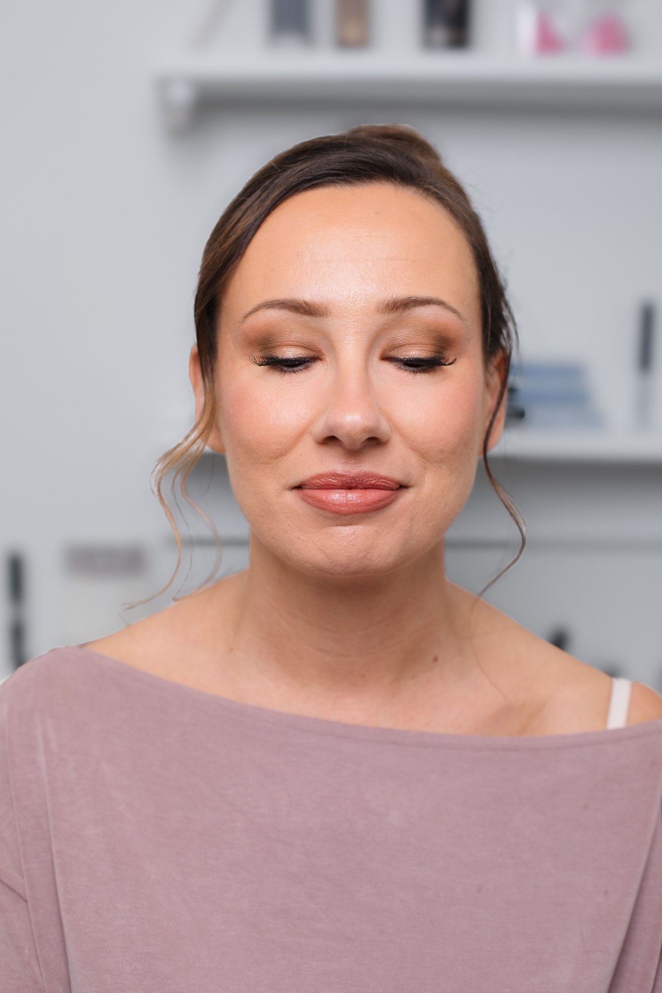 Bridal Beauty at Diva Den: Eyes deliberately lowered to show eyeshadow.