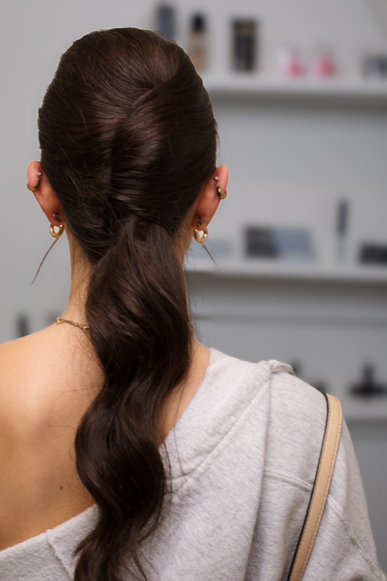 Bridal Beauty at Diva Den: Rear view of Sky’s long styled ponytail.