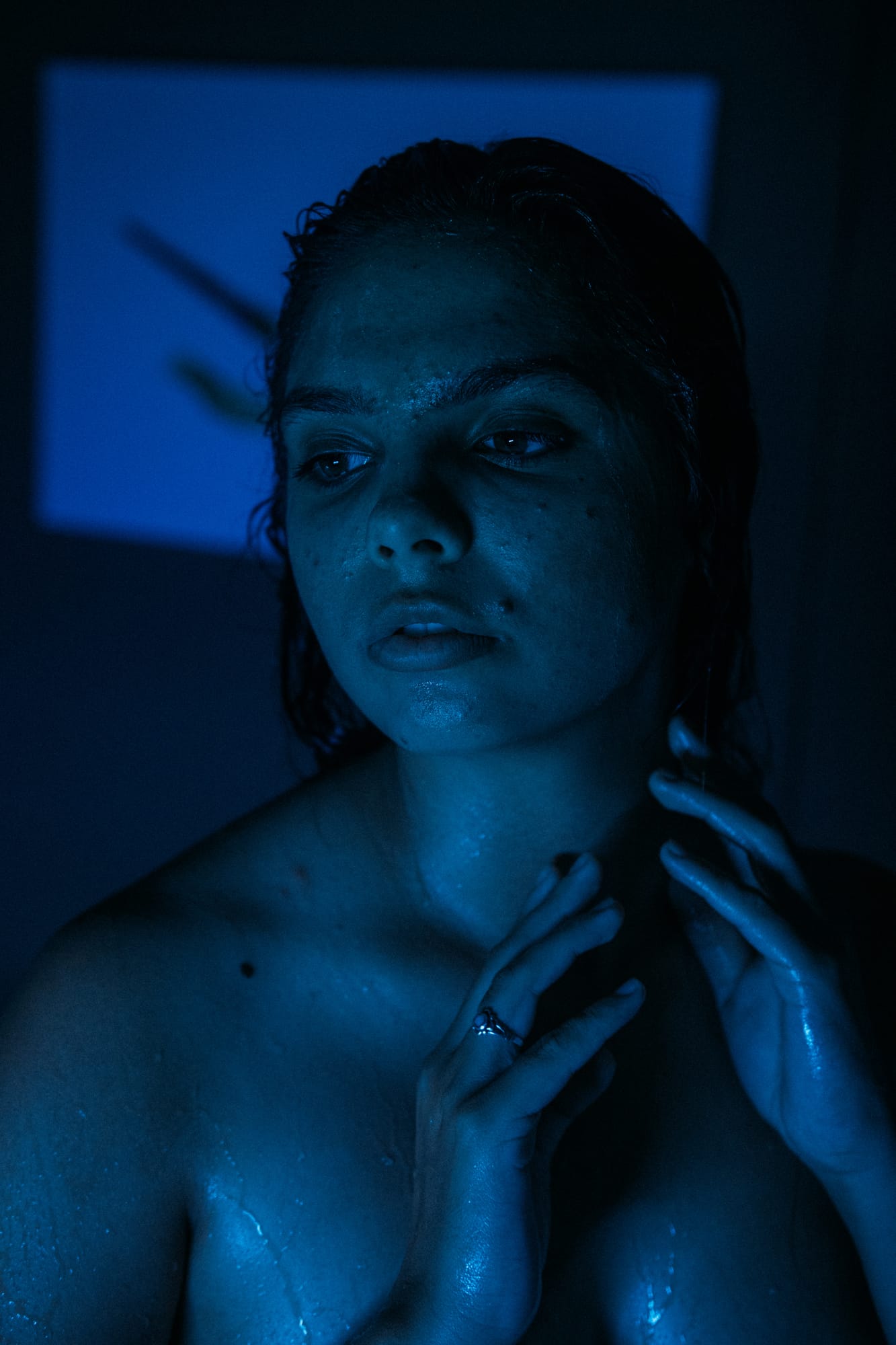 Float Space corporate story frame 11: A Float Space brand story with staff portraits, wellness atmosphere, red-light portrait texture and campaign-ready business imagery..