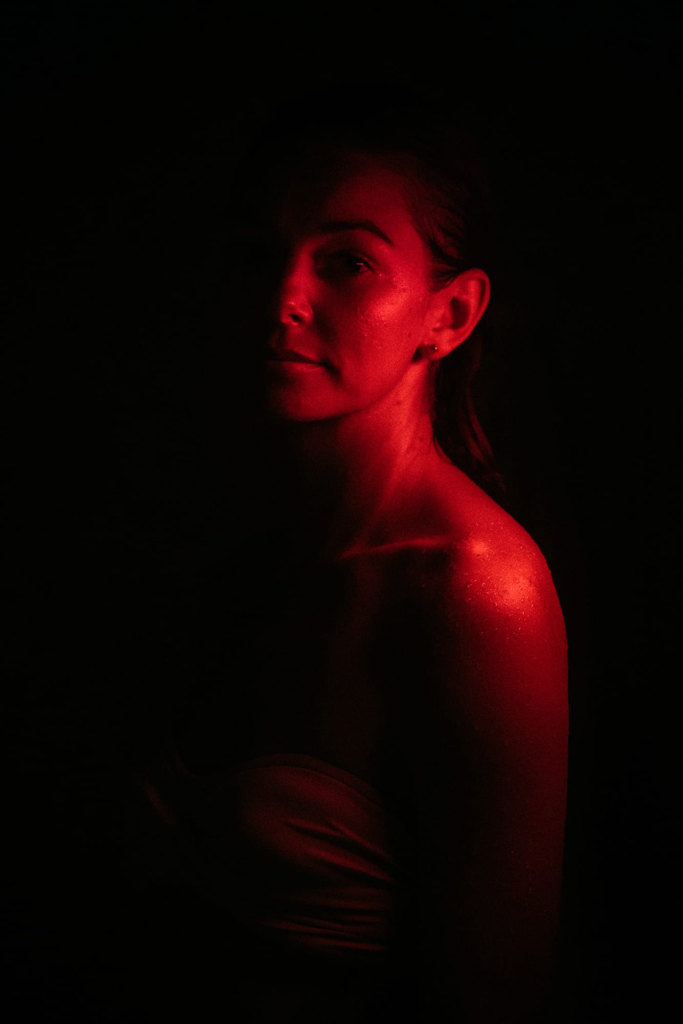 Float Space corporate story frame 22: A Float Space brand story with staff portraits, wellness atmosphere, red-light portrait texture and campaign-ready business imagery..