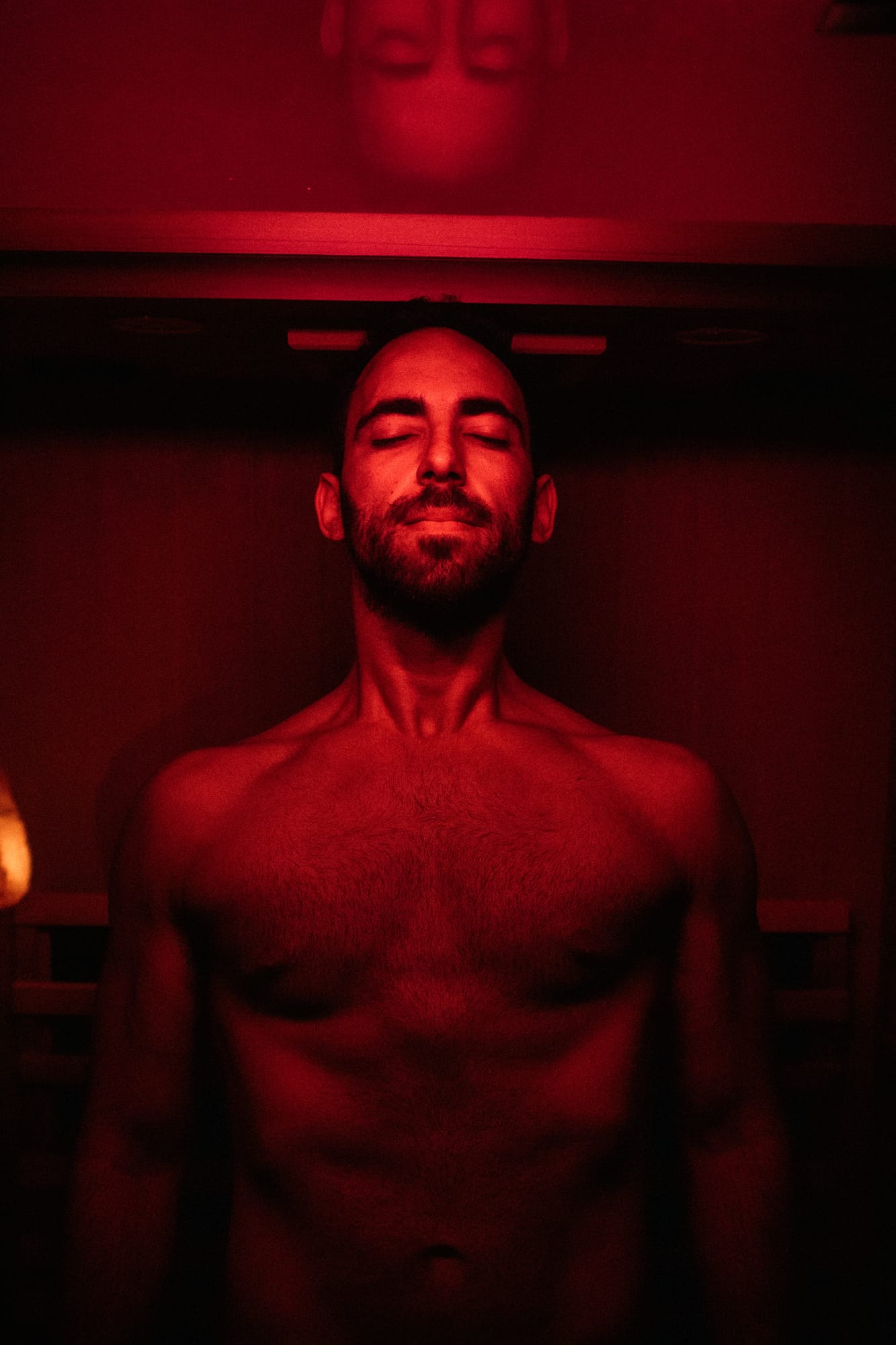 Float Space corporate story frame 29: A Float Space brand story with staff portraits, wellness atmosphere, red-light portrait texture and campaign-ready business imagery..