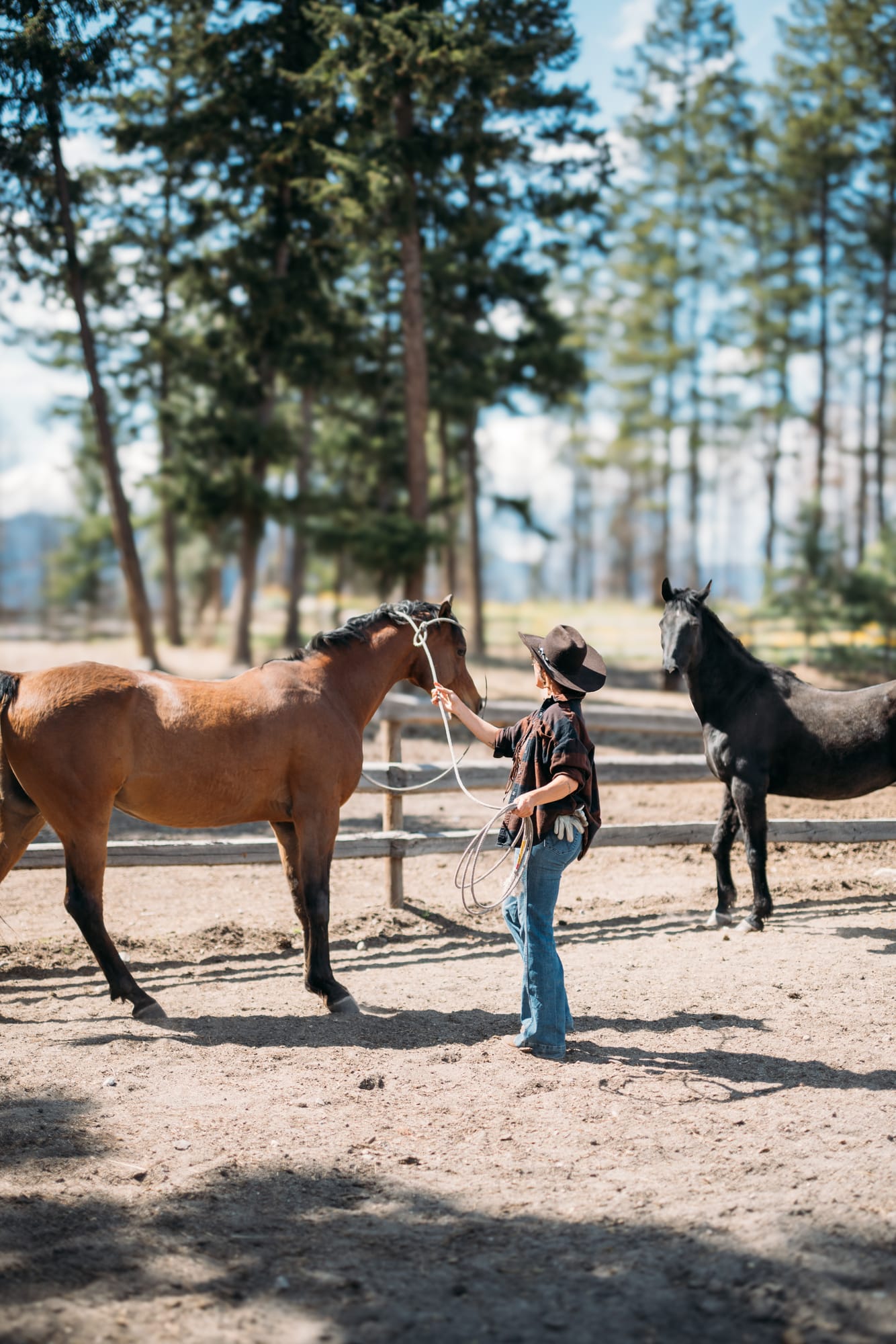Giuliana at LoveReins portraits story frame 10: Equestrian portrait session at Love Reins Ranch in Lake Country, BC, with Giuliana, horses, white-dress portraits, Western cowgirl styling, ranch fencing, riding frames and warm Okanagan light..