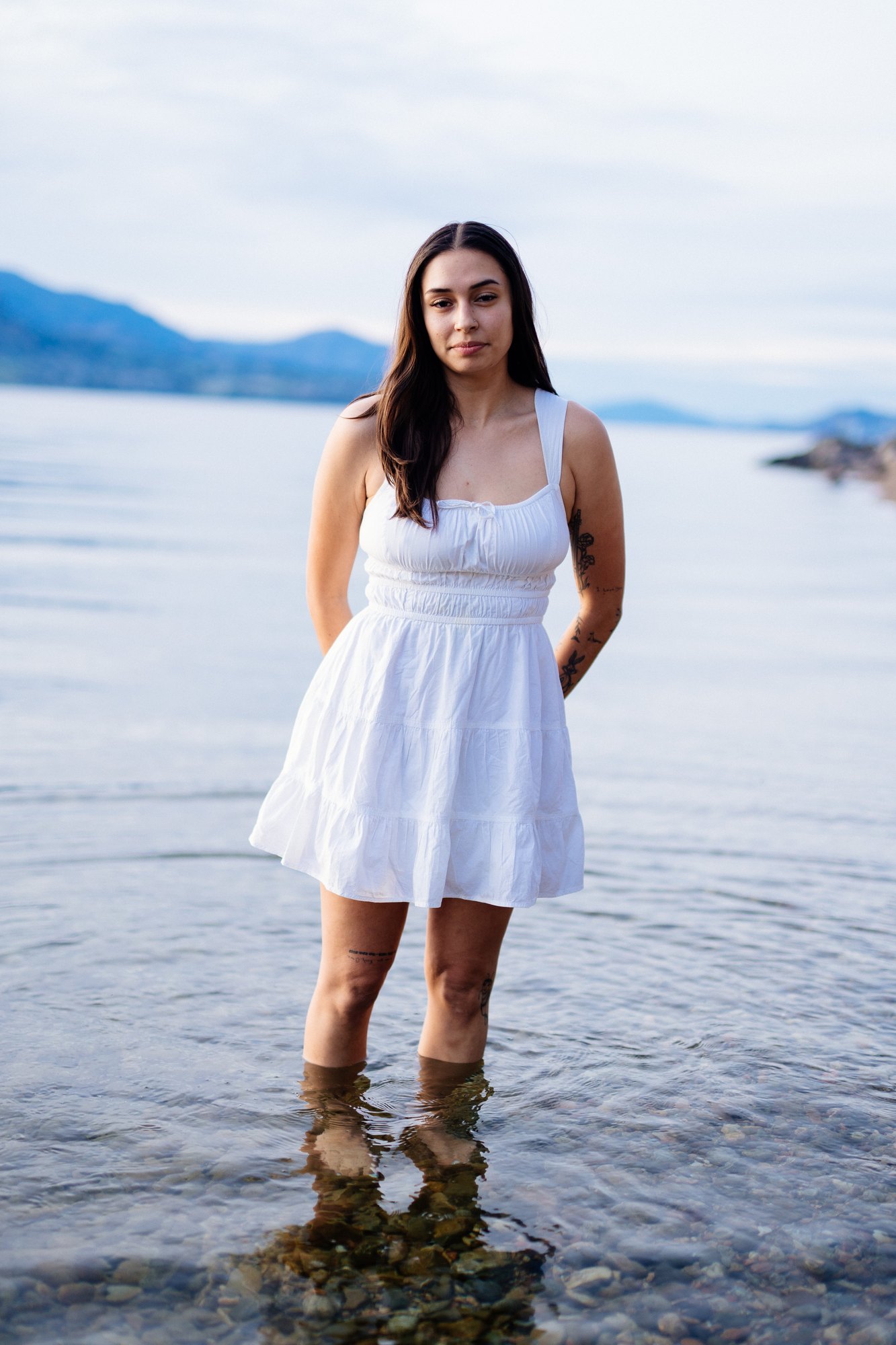 Karly — white dress in the shallow lake water
