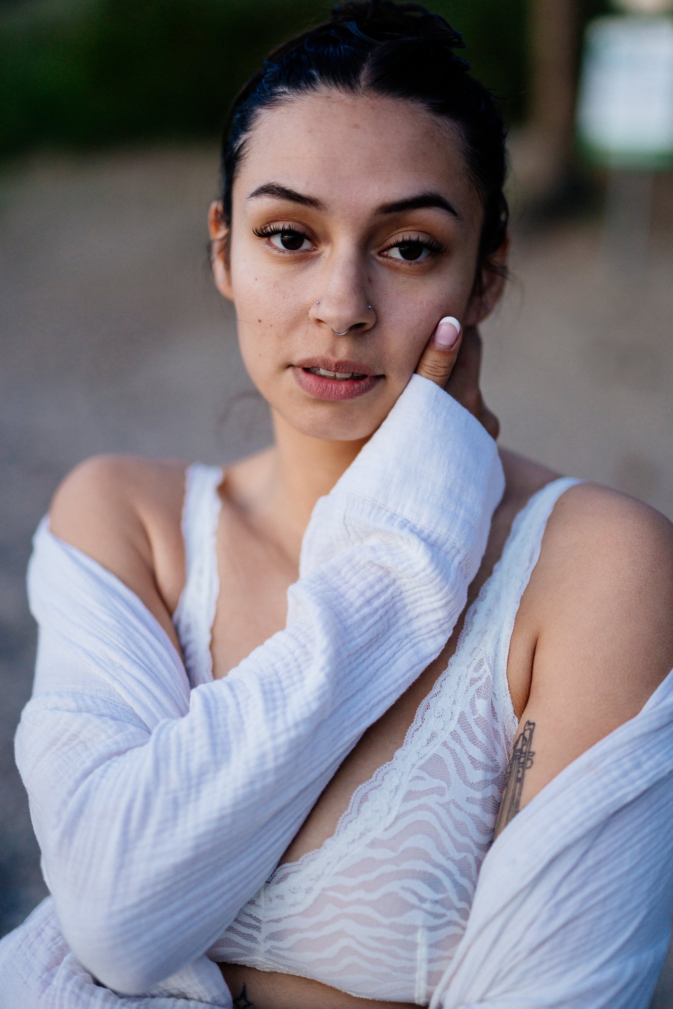 Karly — close portrait wrapped in the white shirt
