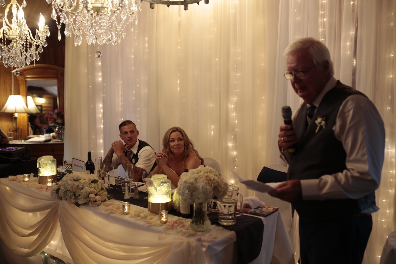 Kendra and Mike story frame 2: An older wedding story with lake dusk, warm room light, speeches, dancing and a full-day feeling.