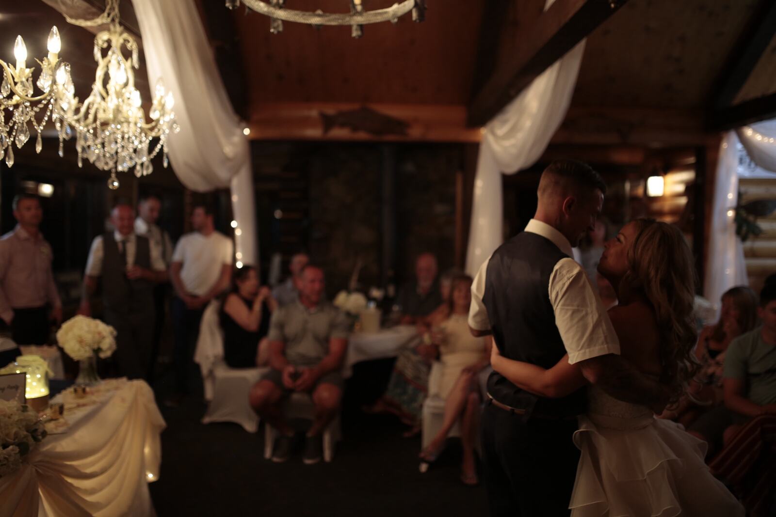 Kendra and Mike story frame 9: An older wedding story with lake dusk, warm room light, speeches, dancing and a full-day feeling.