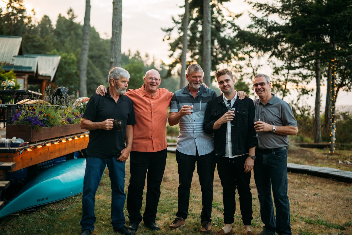 Mara and Casey weddings story frame 8: A Vancouver Island private-home wedding near Qualicum Beach, with Bowser prep, Friday gathering energy, custom vendors, kids, friends and cool Island air..