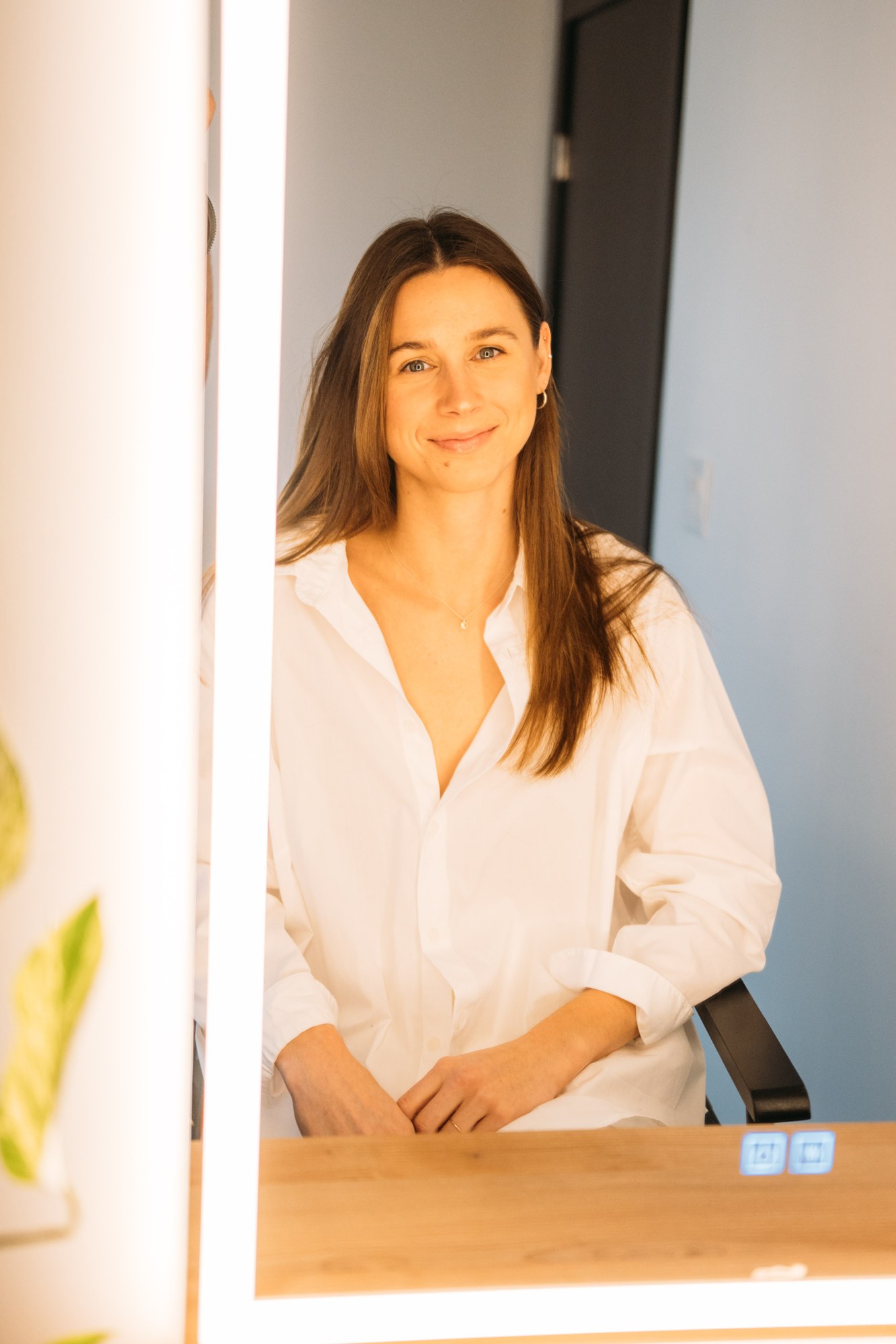 Our Yoga Space Studio Portraits: Warm direct portrait beside the vanity lights.