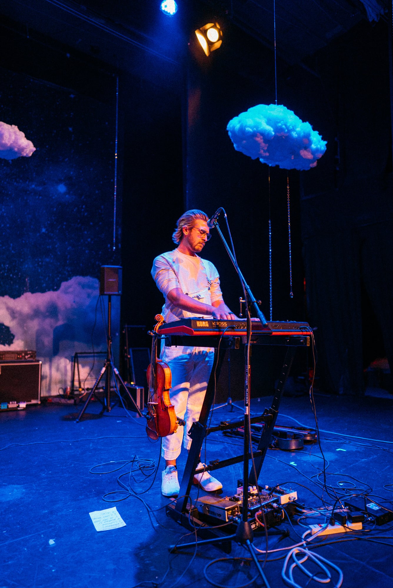 Solo musician standing at a keyboard station on the Actors Studio stage.