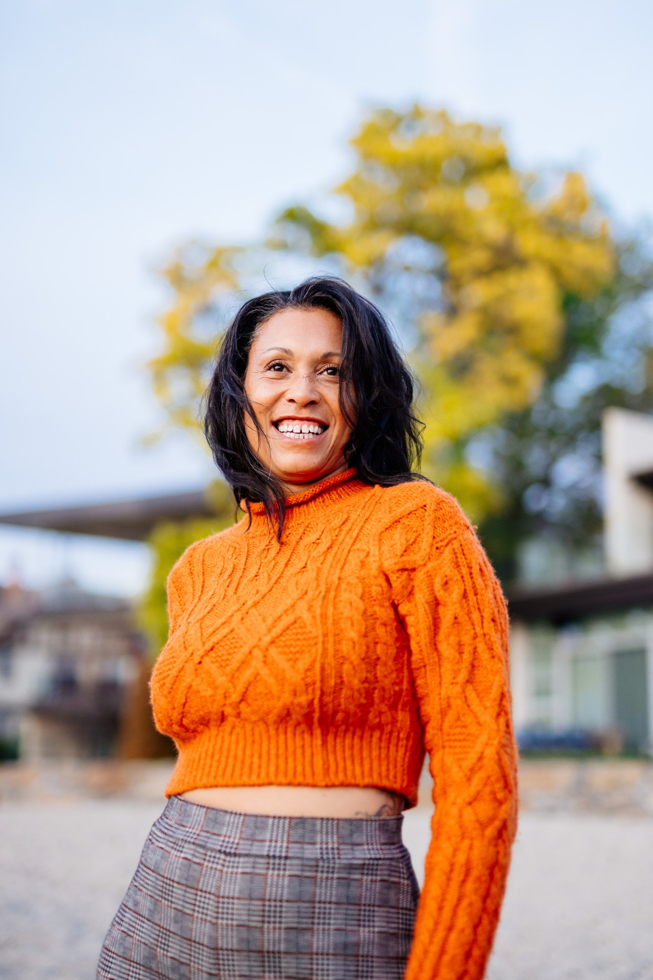 Rebekah in Autumn: Smile under golden leaves.
