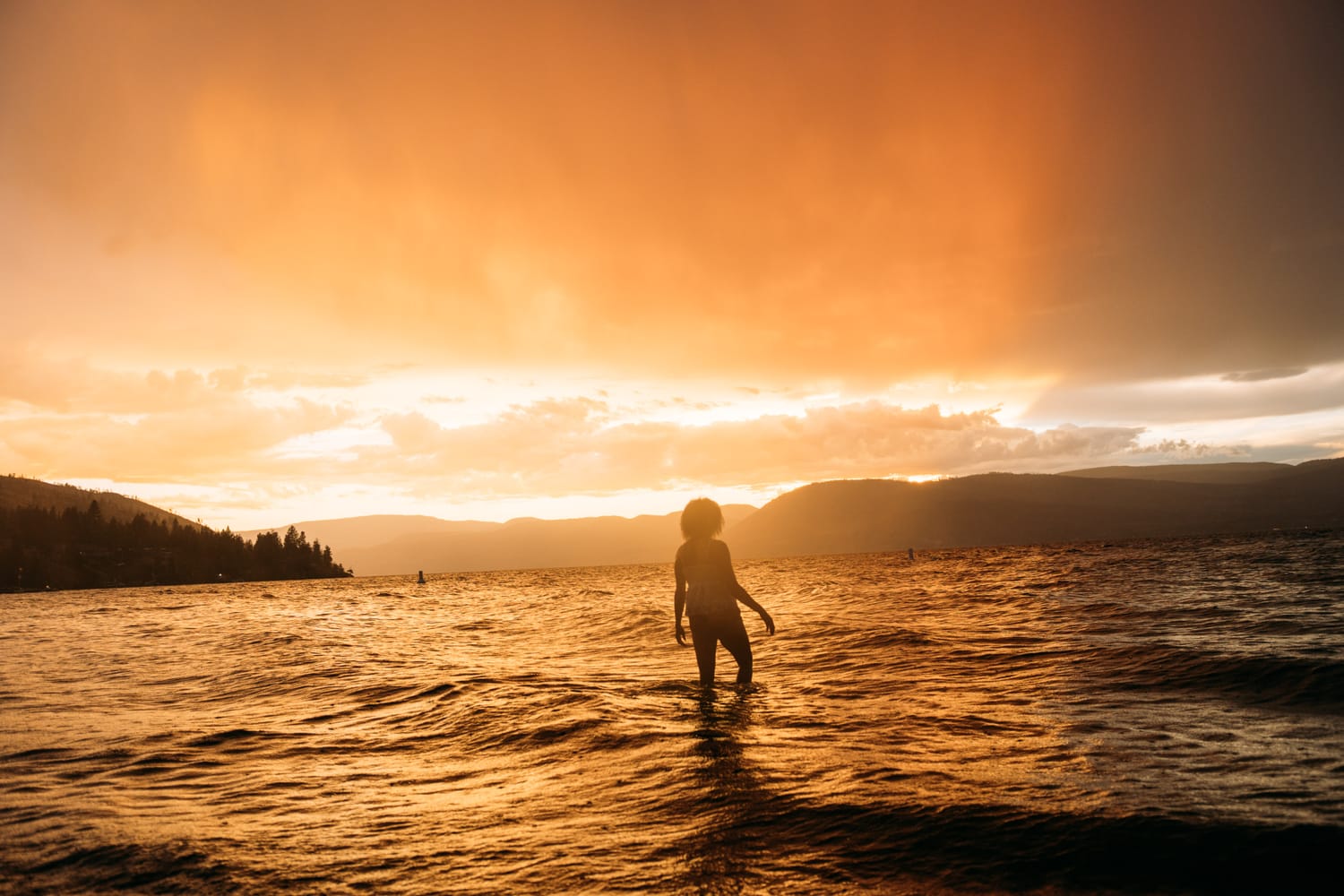 Rebekah at Bertram portraits story frame 19: A Bertram portrait story moving from floral dress and lake light into black dress, white shirt, sunset and water silhouettes..