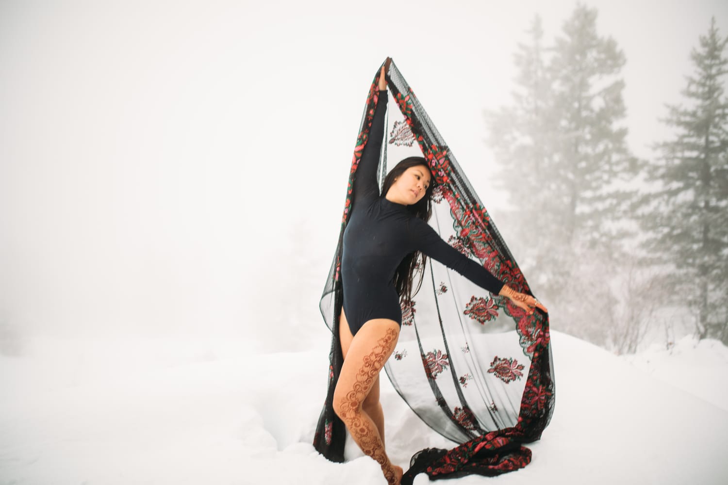 Sarah in the Snow portraits story frame 15: A winter portrait session for Sarah in Kelowna, with snow, black wardrobe, sheer floral fabric, whiteout atmosphere and bold movement in a cold landscape.