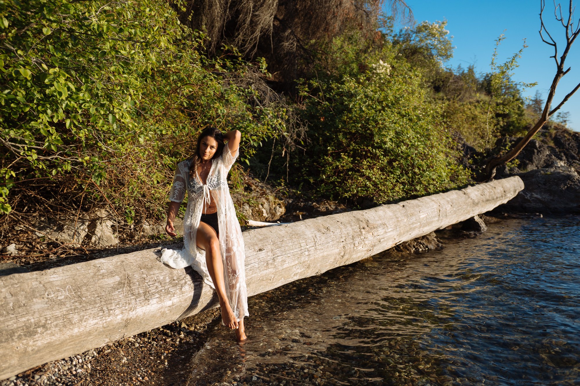 Shatille — a wide portrait along a fallen shoreline tree