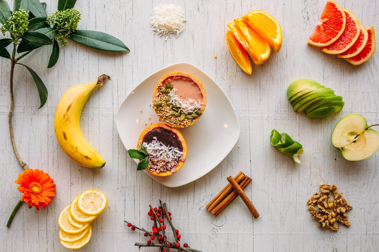Smudge Noshery corporate story frame 5: Food and hospitality brand photography for Smudge Noshery in Salmon Arm, BC, with colourful flatlays, smoothies, bowls, cafe details and commercial product images for a local restaurant..