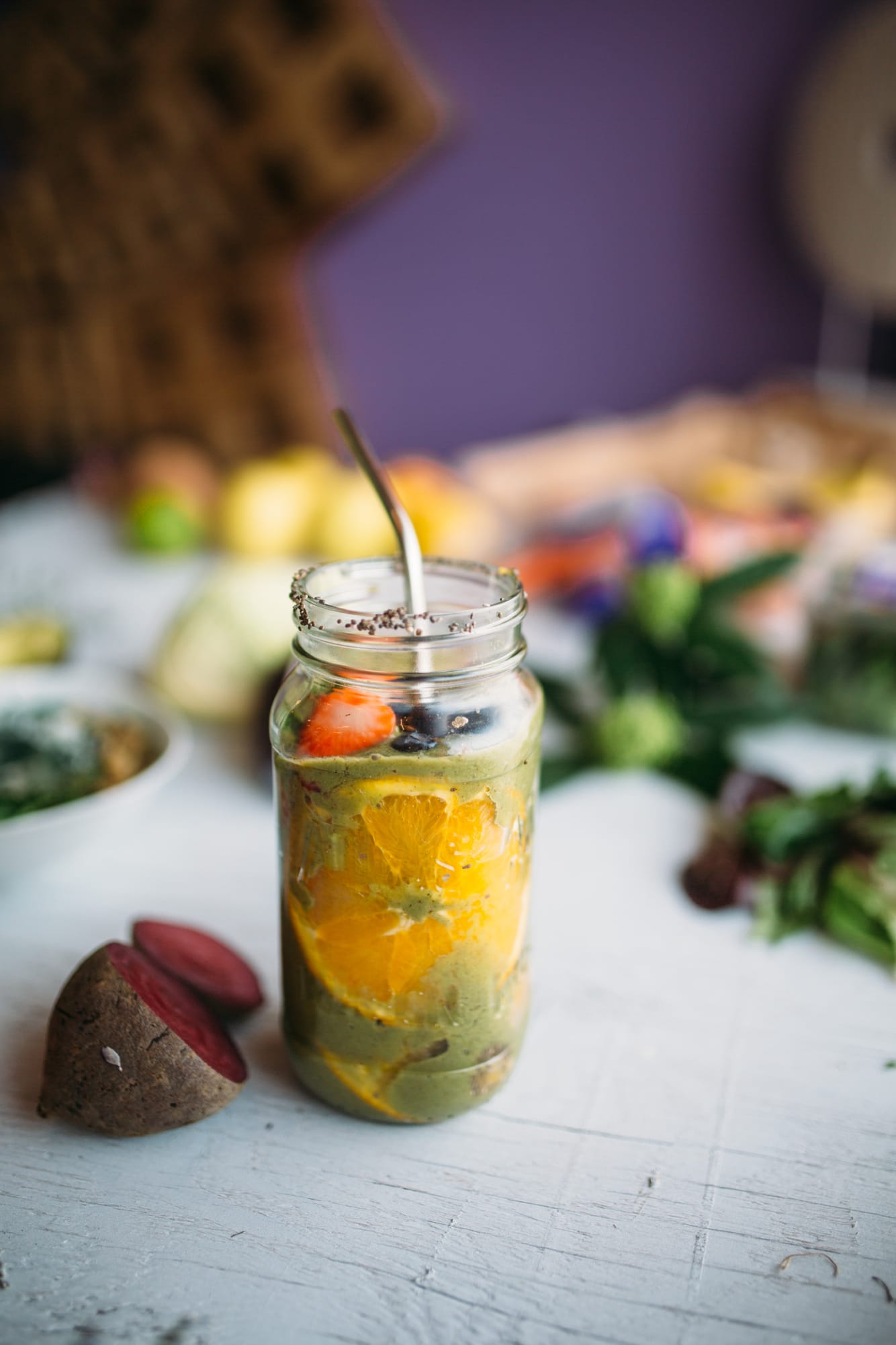 Smudge Noshery corporate story frame 11: Food and hospitality brand photography for Smudge Noshery in Salmon Arm, BC, with colourful flatlays, smoothies, bowls, cafe details and commercial product images for a local restaurant..