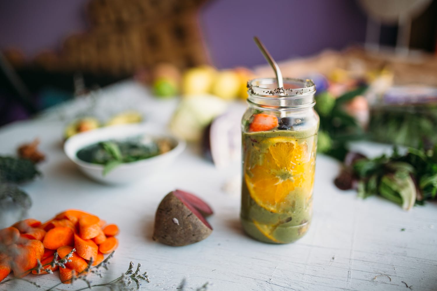 Smudge Noshery corporate story frame 12: Food and hospitality brand photography for Smudge Noshery in Salmon Arm, BC, with colourful flatlays, smoothies, bowls, cafe details and commercial product images for a local restaurant..