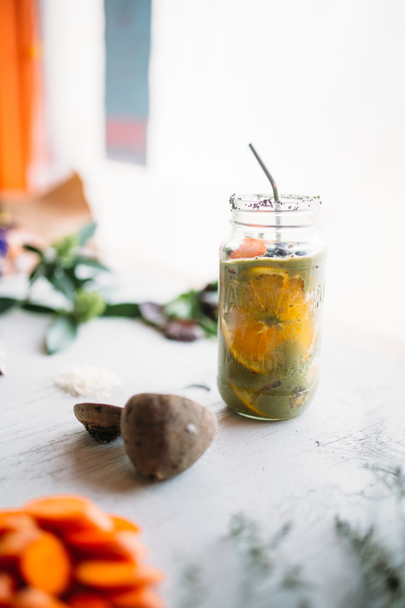 Smudge Noshery corporate story frame 13: Food and hospitality brand photography for Smudge Noshery in Salmon Arm, BC, with colourful flatlays, smoothies, bowls, cafe details and commercial product images for a local restaurant..
