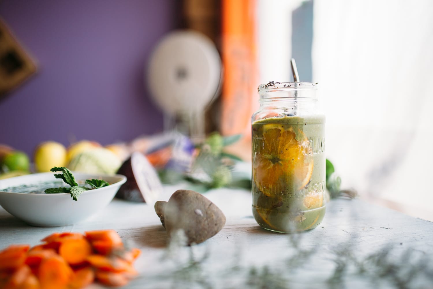 Smudge Noshery corporate story frame 14: Food and hospitality brand photography for Smudge Noshery in Salmon Arm, BC, with colourful flatlays, smoothies, bowls, cafe details and commercial product images for a local restaurant..
