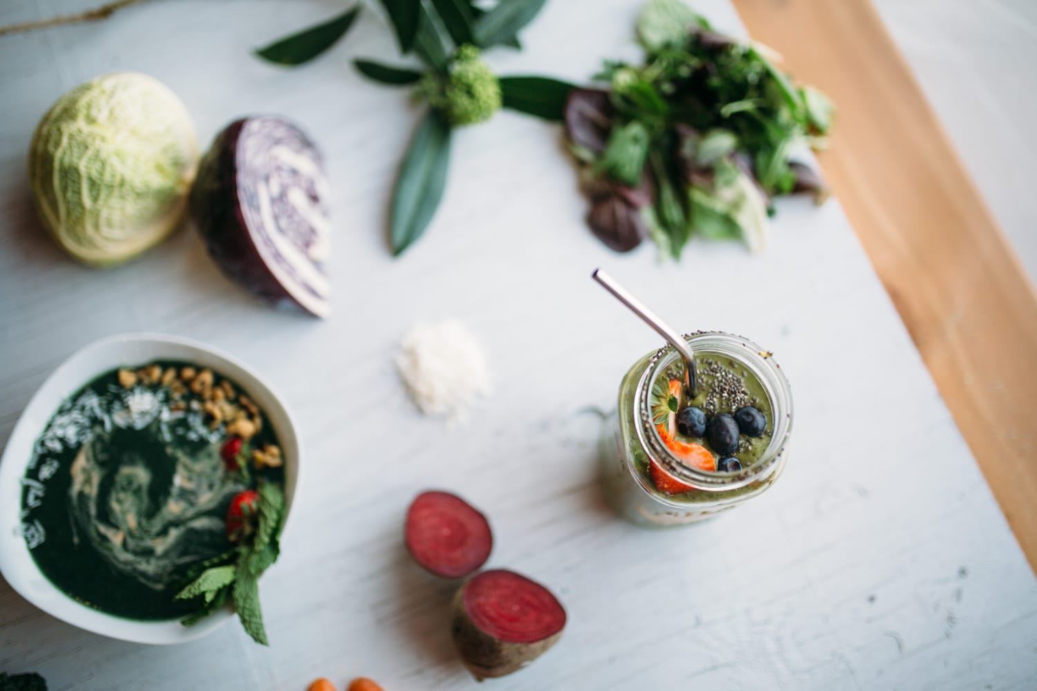 Smudge Noshery corporate story frame 16: Food and hospitality brand photography for Smudge Noshery in Salmon Arm, BC, with colourful flatlays, smoothies, bowls, cafe details and commercial product images for a local restaurant..