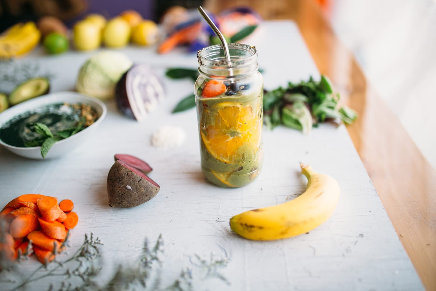 Smudge Noshery corporate story frame 17: Food and hospitality brand photography for Smudge Noshery in Salmon Arm, BC, with colourful flatlays, smoothies, bowls, cafe details and commercial product images for a local restaurant..