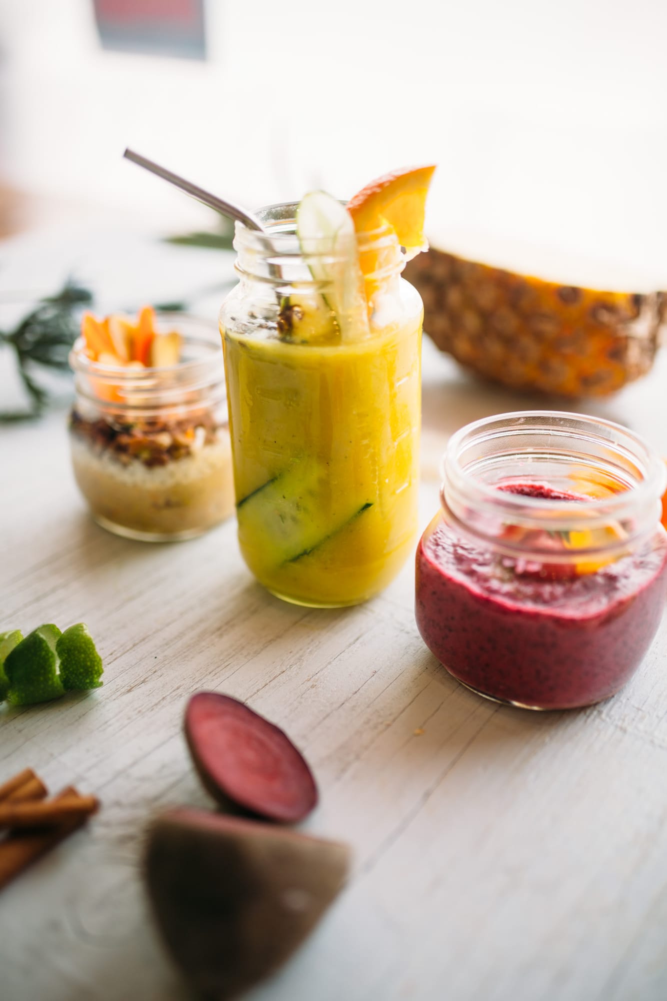 Smudge Noshery corporate story frame 19: Food and hospitality brand photography for Smudge Noshery in Salmon Arm, BC, with colourful flatlays, smoothies, bowls, cafe details and commercial product images for a local restaurant..