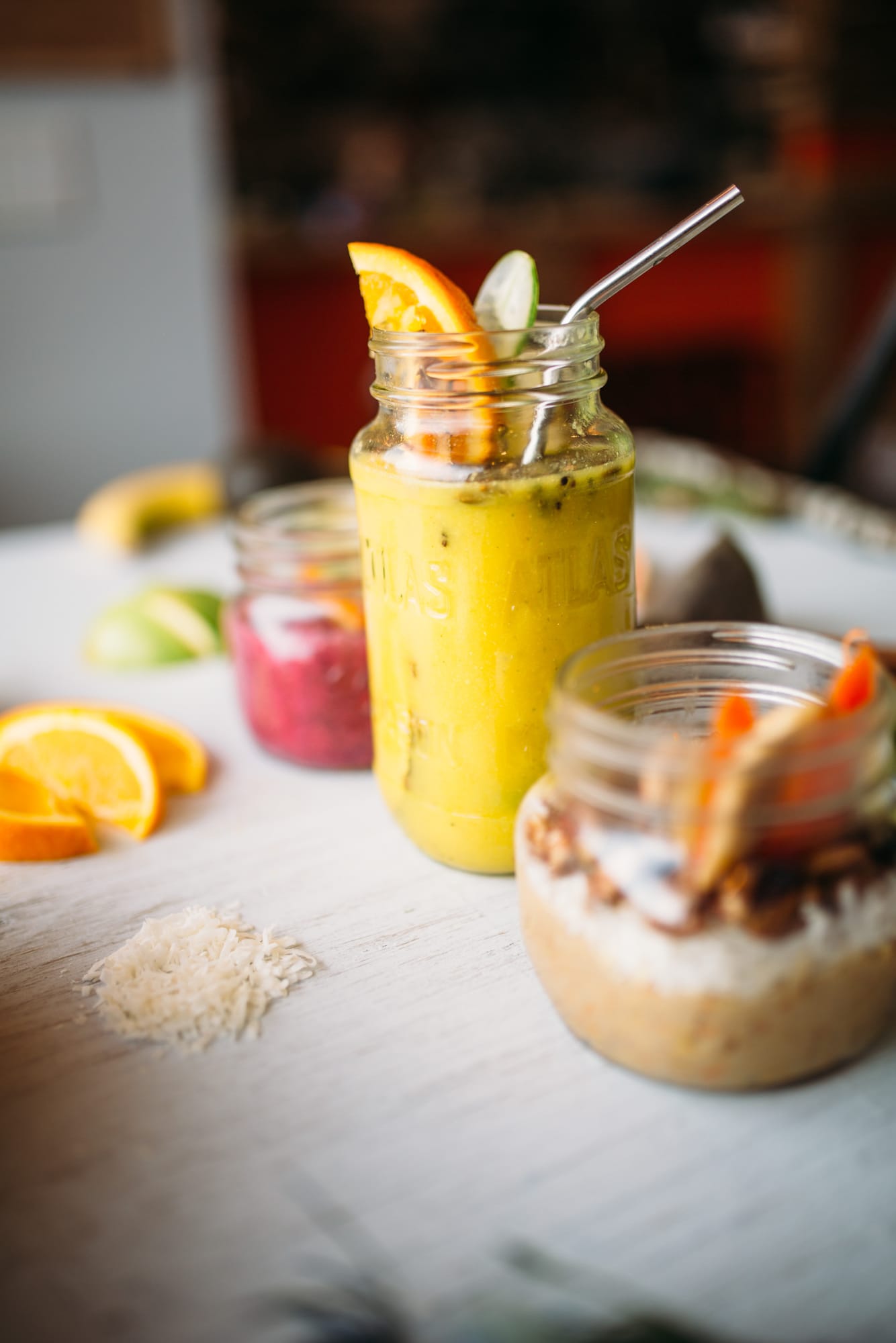 Smudge Noshery corporate story frame 21: Food and hospitality brand photography for Smudge Noshery in Salmon Arm, BC, with colourful flatlays, smoothies, bowls, cafe details and commercial product images for a local restaurant..
