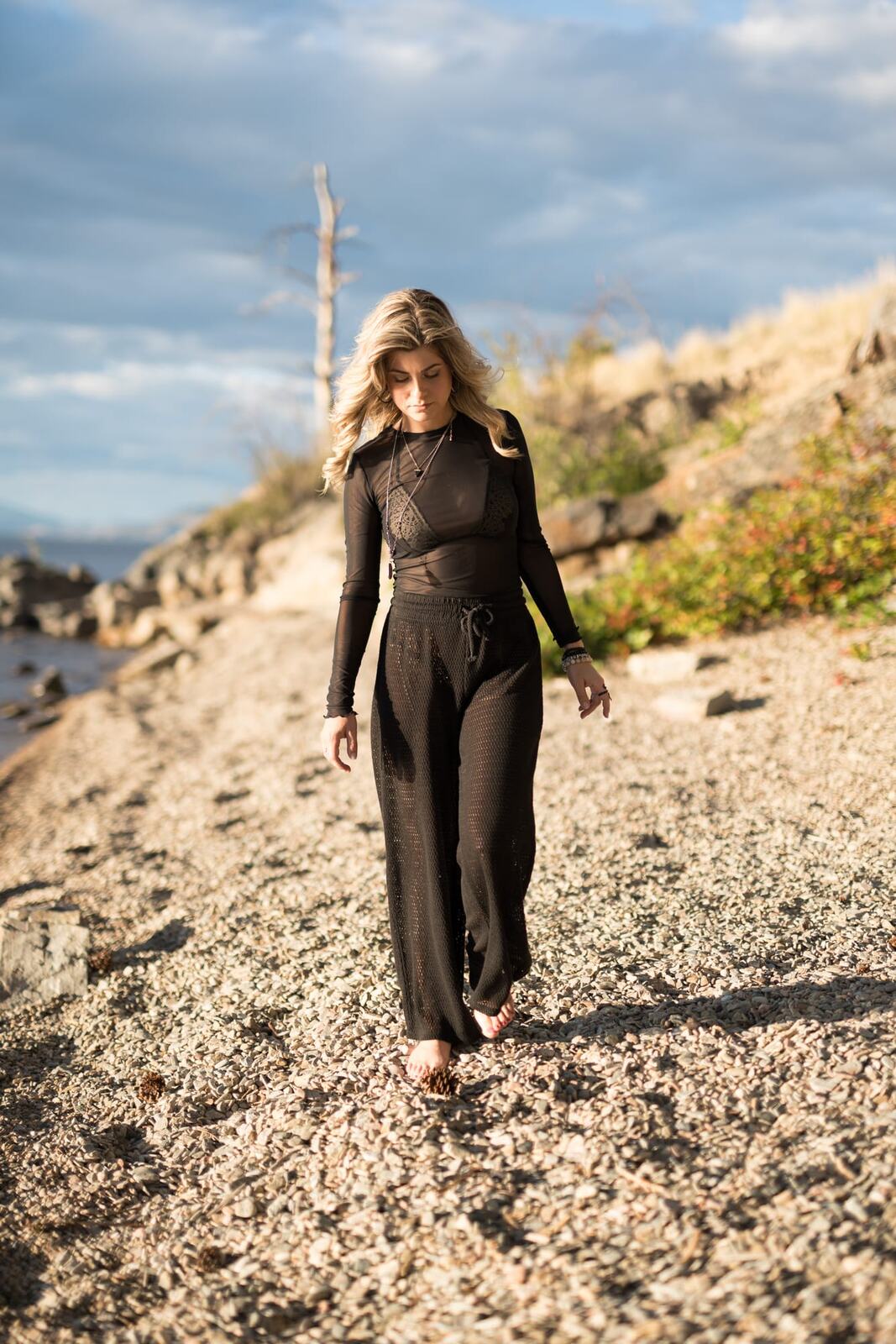 Sophia by the Water and Trees portraits story frame 8: Black outfits, water, trees, swimwear and a confident, sensual portrait story.