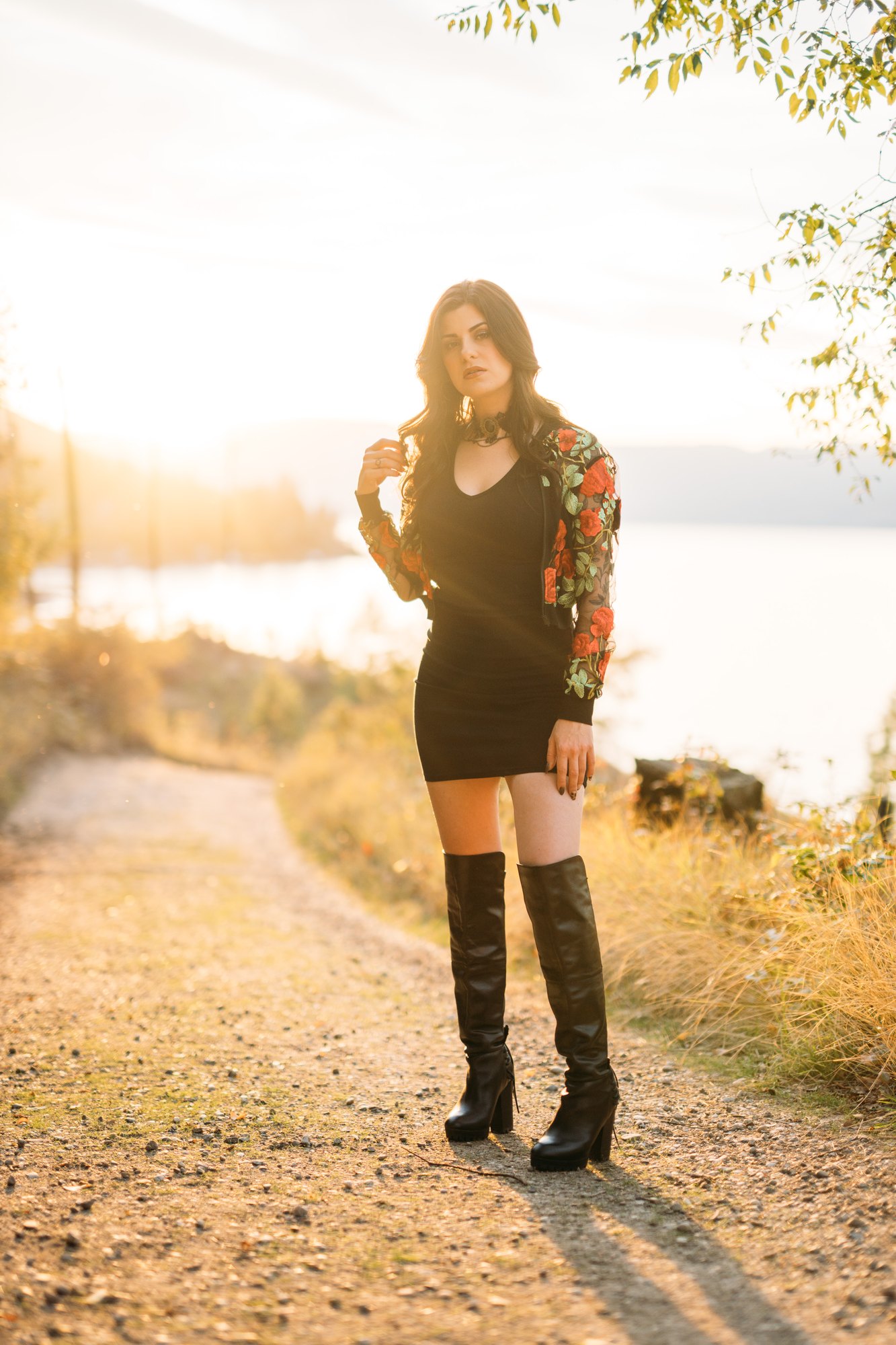 Sophia — full-length portrait with the low sun behind her