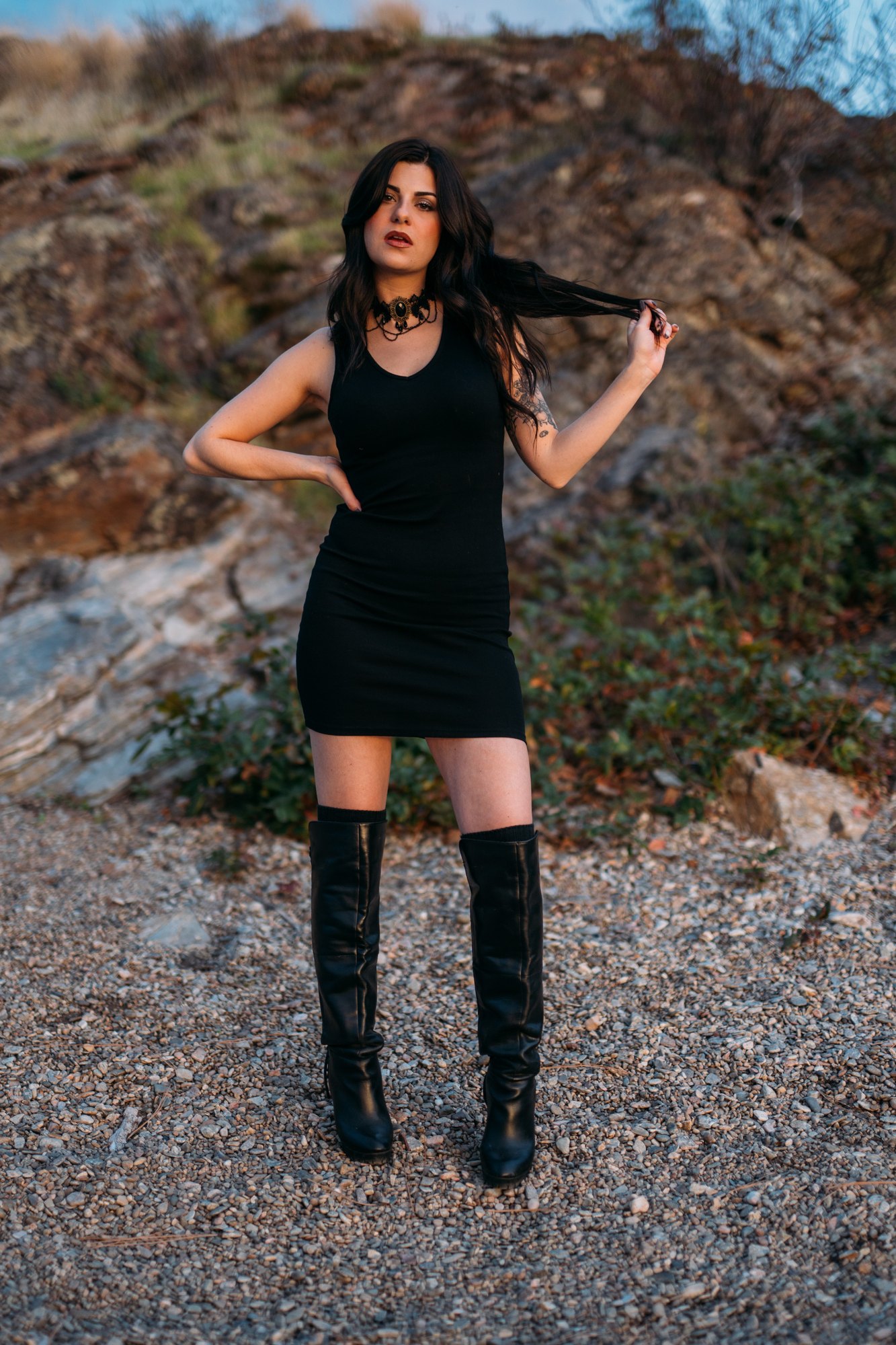 Sophia — full-length portrait in the black dress and boots