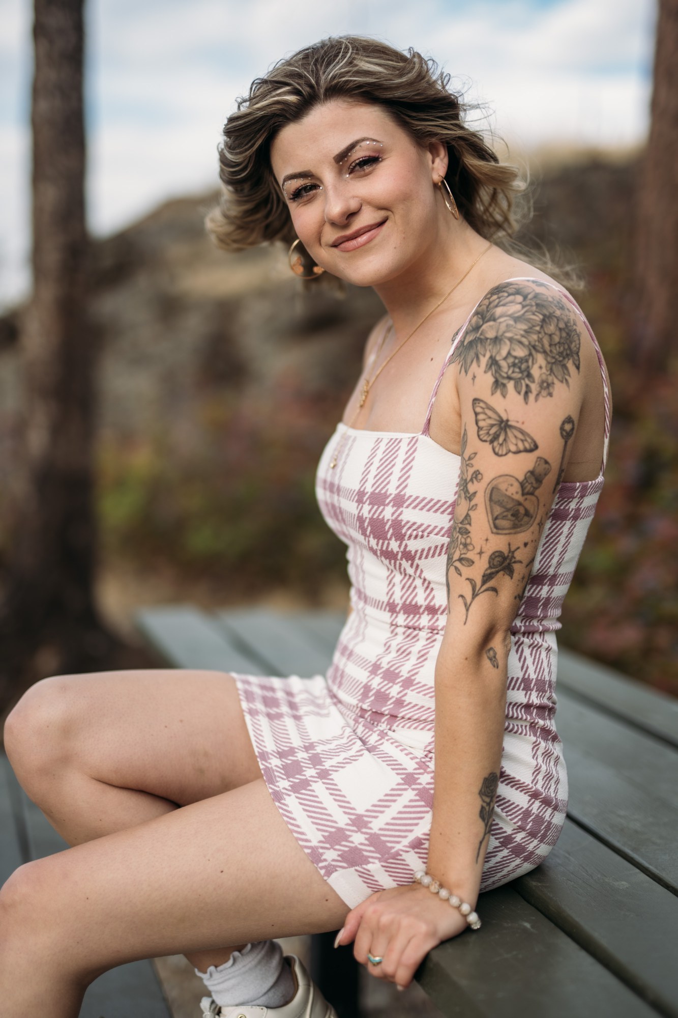 Sophia at Bertram Creek Park: Relaxed seated bench portrait.