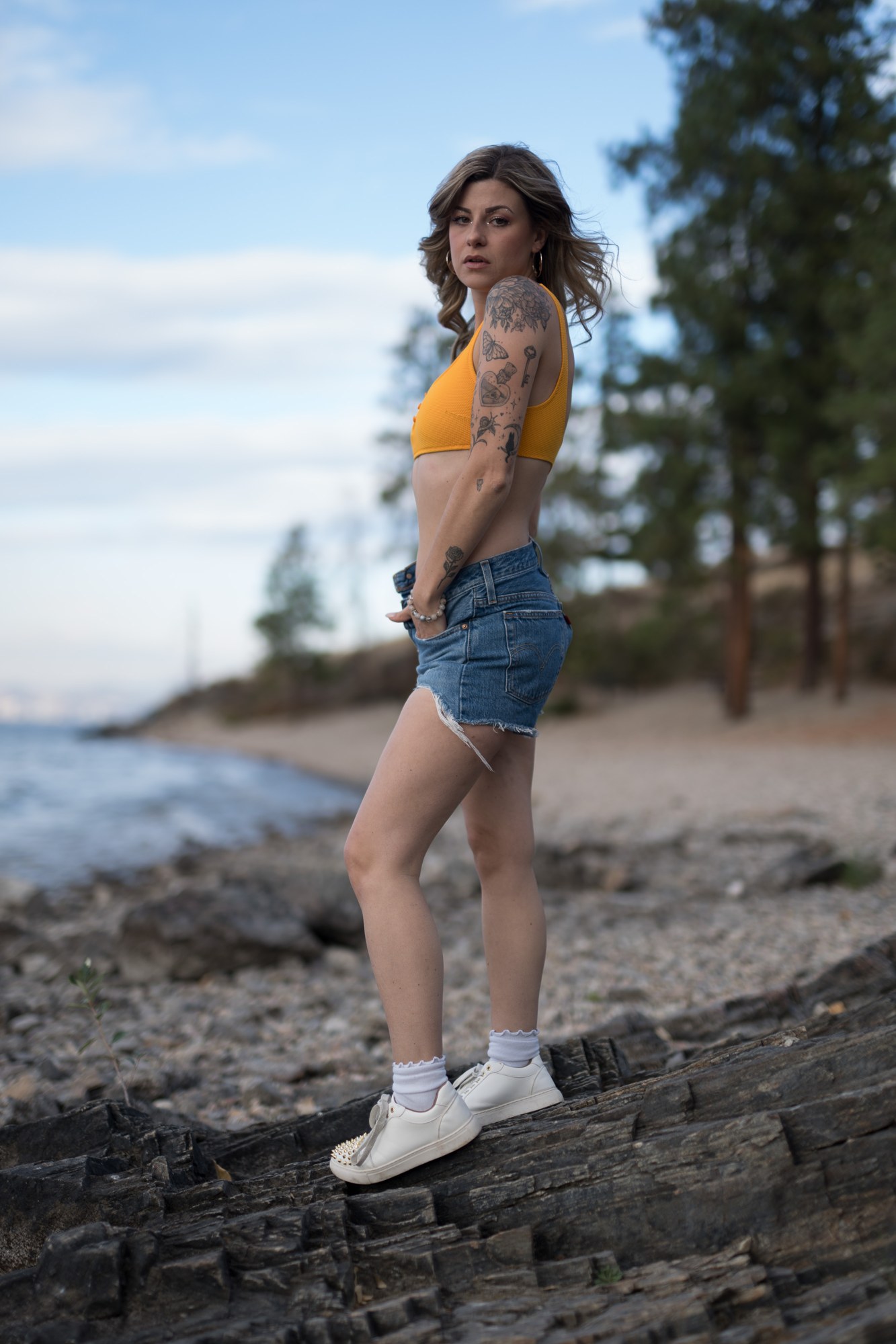 Sophia at Bertram Creek Park: Full turned figure at the shore.