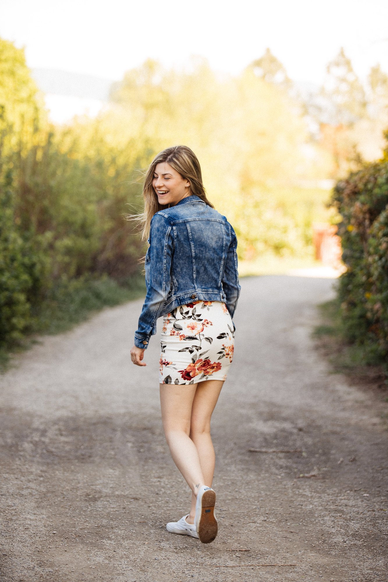 Sophia — looking back while walking along the path