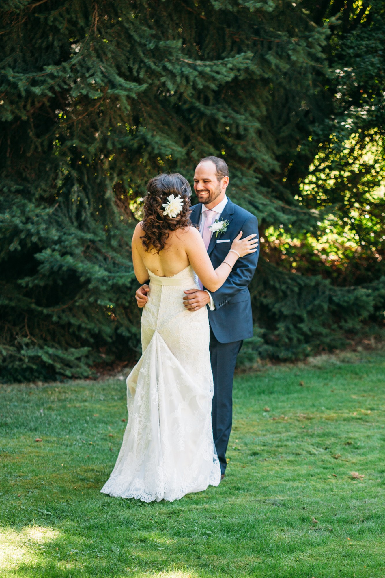 Steph & Taylor: The couple greeting each other in the garden.