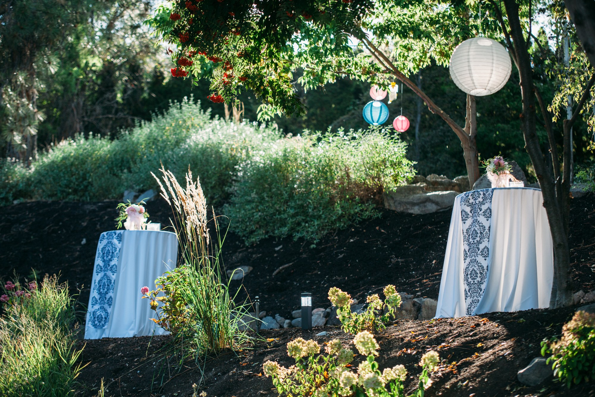 Steph & Taylor: Garden tables and lanterns in the late light.
