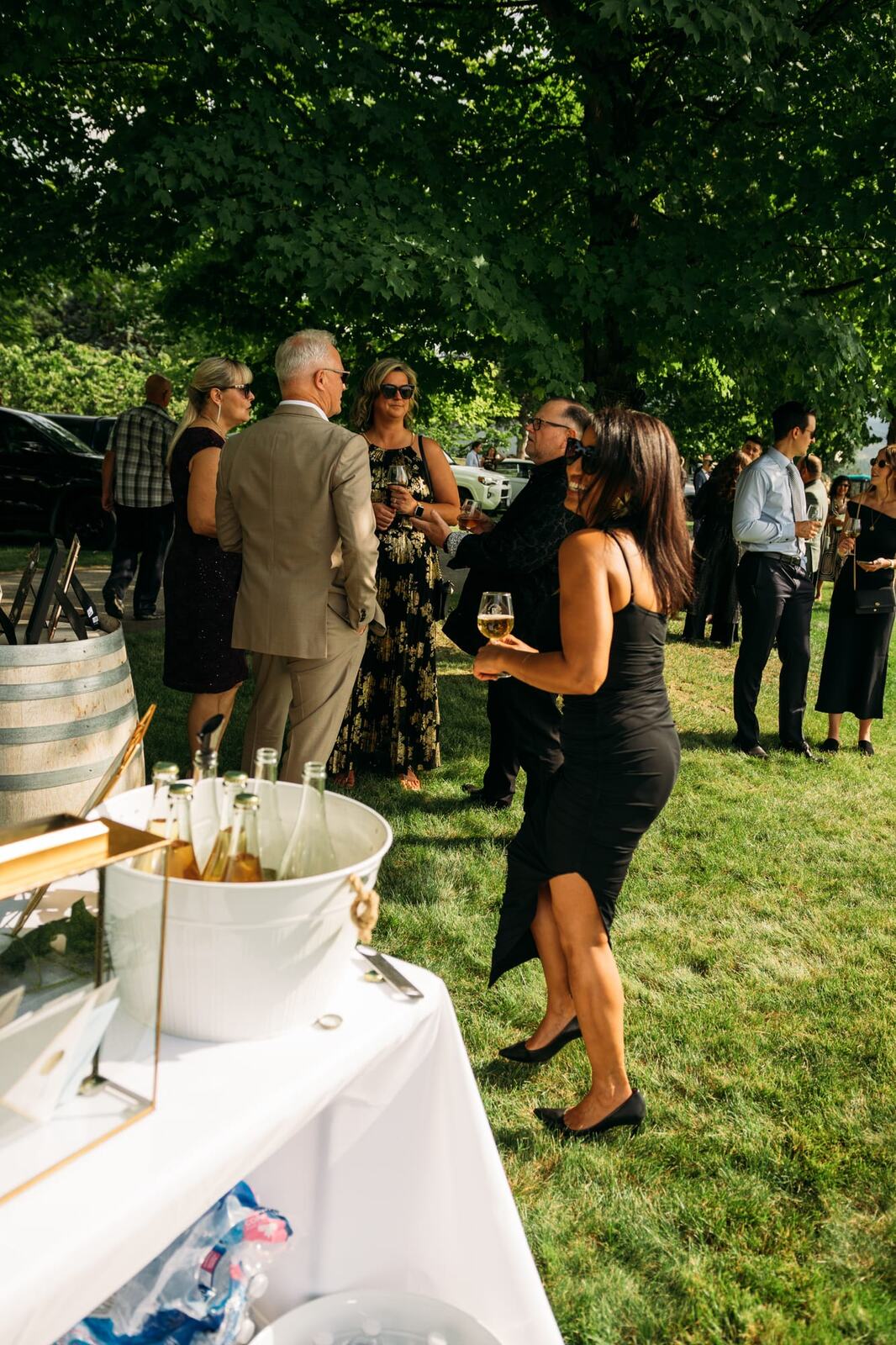 Taryn and Kai weddings story frame 13: An Okanagan vineyard wedding with ceremony, veil, guests, family, makeup by Guisachan Esthetics, and laughter woven through the altar moments..